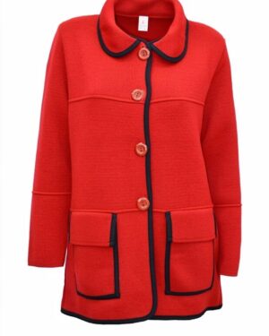 Červený pletený kabátik na gombíky
