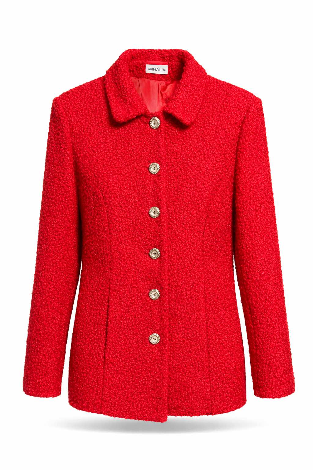 Dámske červené bouclé sako MIHALIK s ozdobnými gombíkmi – predná strana