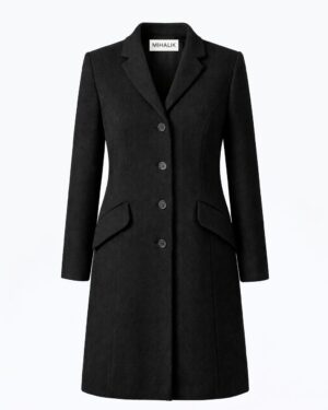 Dámsky čierny vlnený elegantný kabát – veľkosť 48