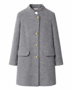 Dámsky sivý vlnený kabát so stojáčikom a zlatými gombíkmi