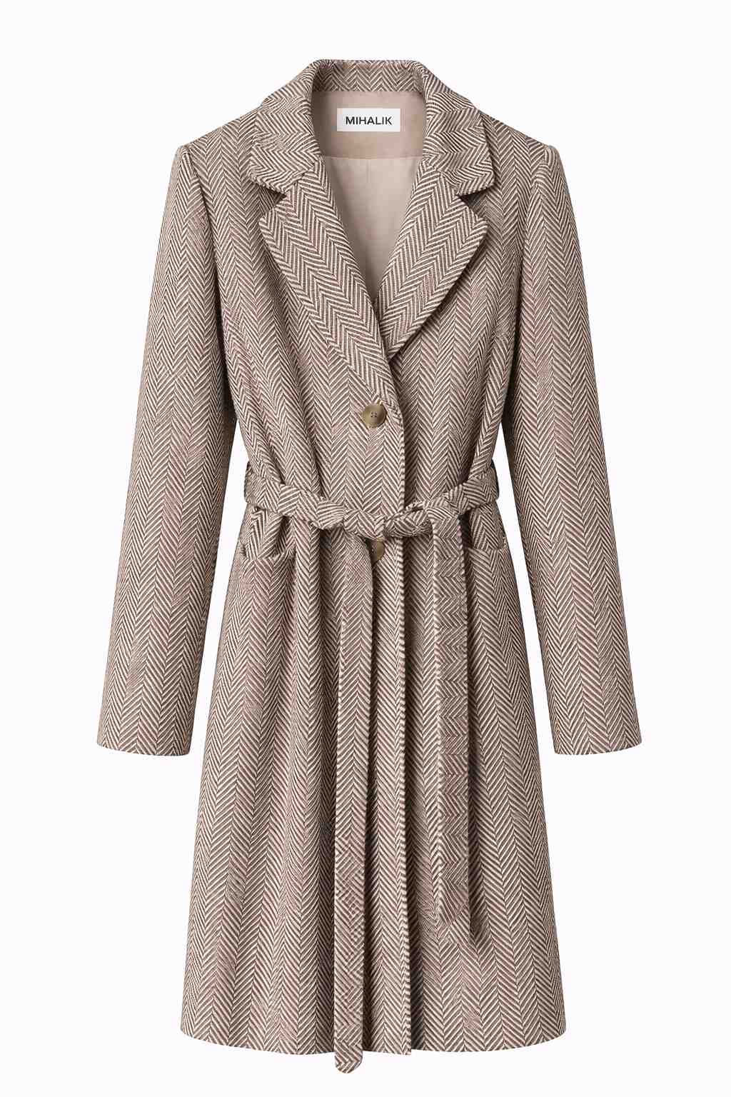 Hnedý dámsky kabát MIHALIK s herringbone vzorom – rybia kosť