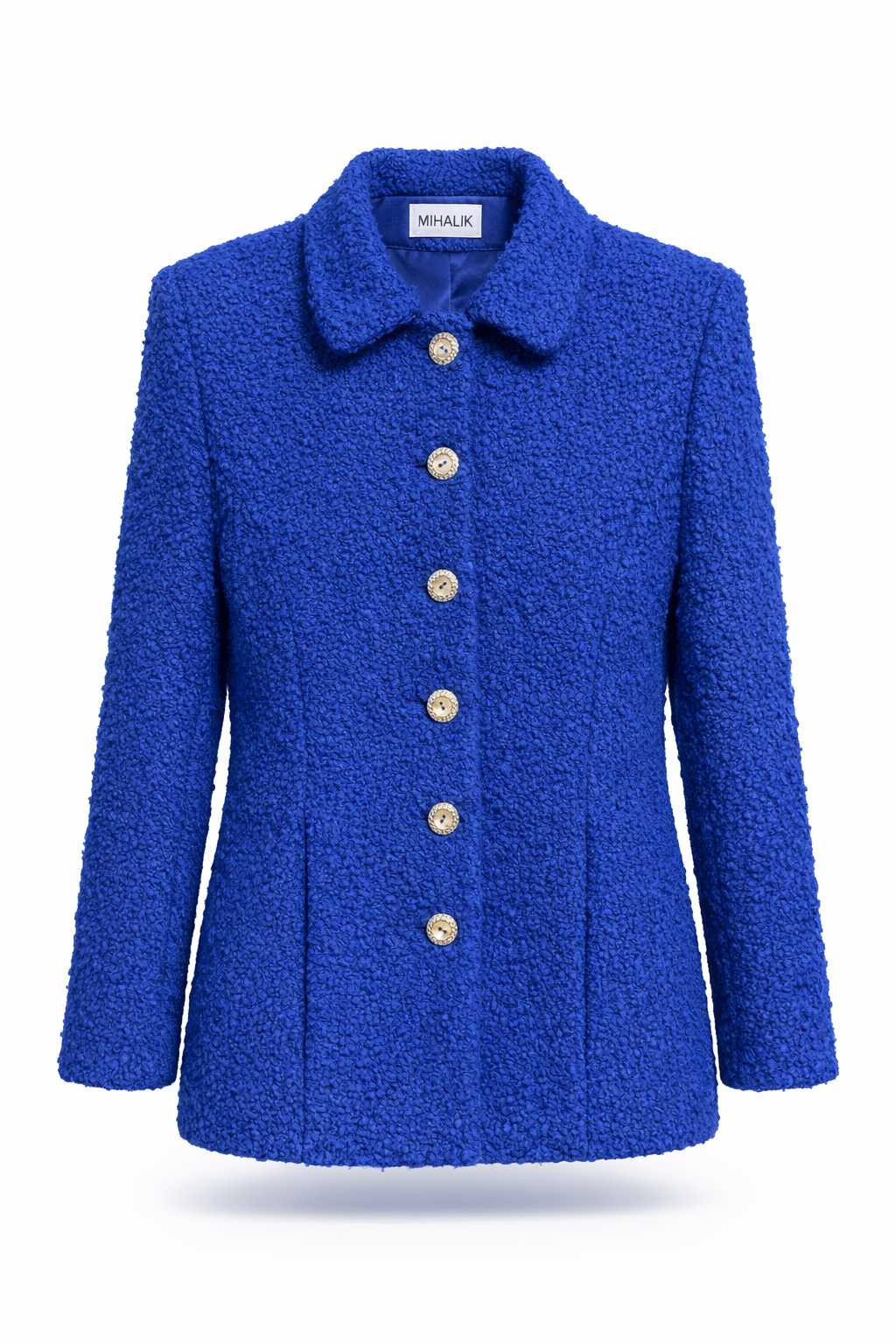 Kobaltovo modré bouclé sako s ozdobnými gombíkmi MIHALIK – predný pohľad