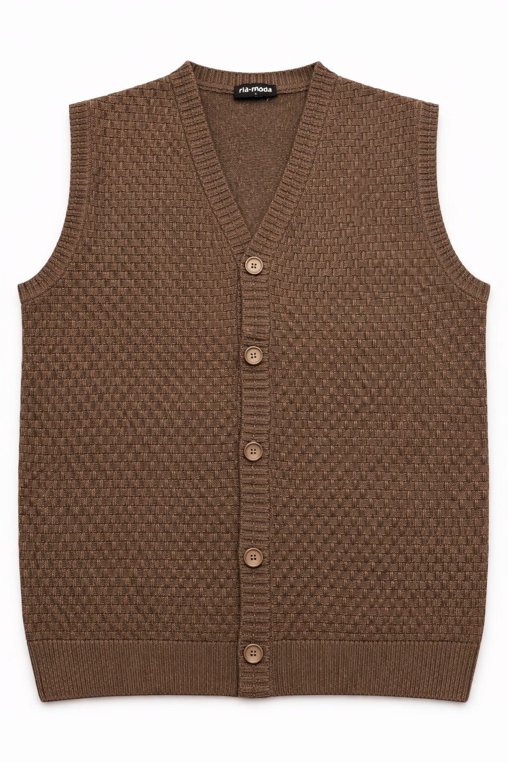 Pánska pletená vesta hnedá so zapínaním na gombíky – predná strana