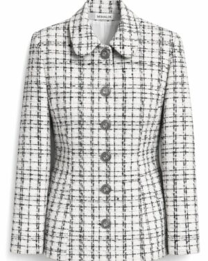 Dámske smotanové buklé sako s čiernym a zlatým pretkávaním