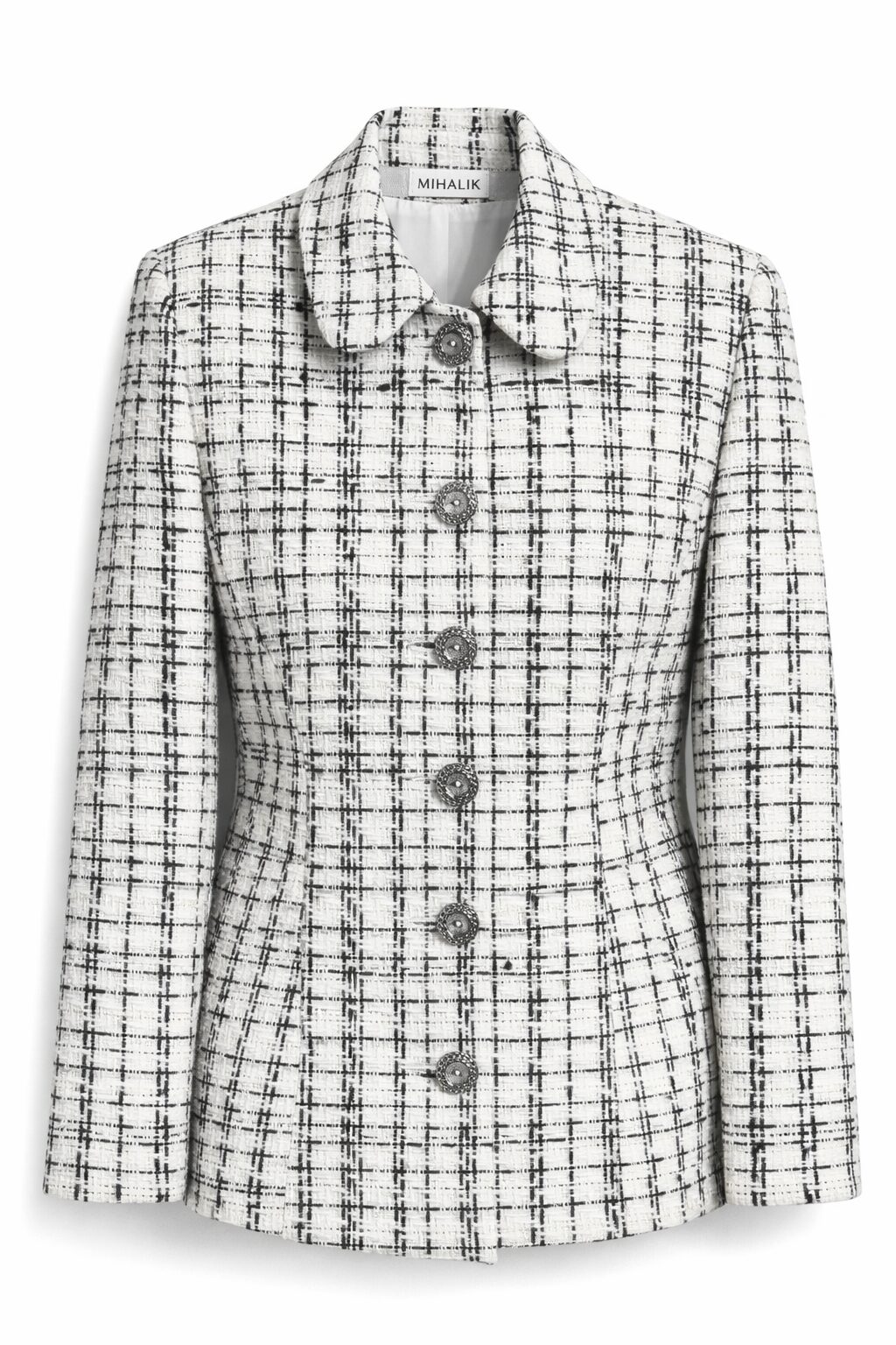 Smotanové bouclé sako s čiernou kockou a zlatou metalickou niťou MIHALIK