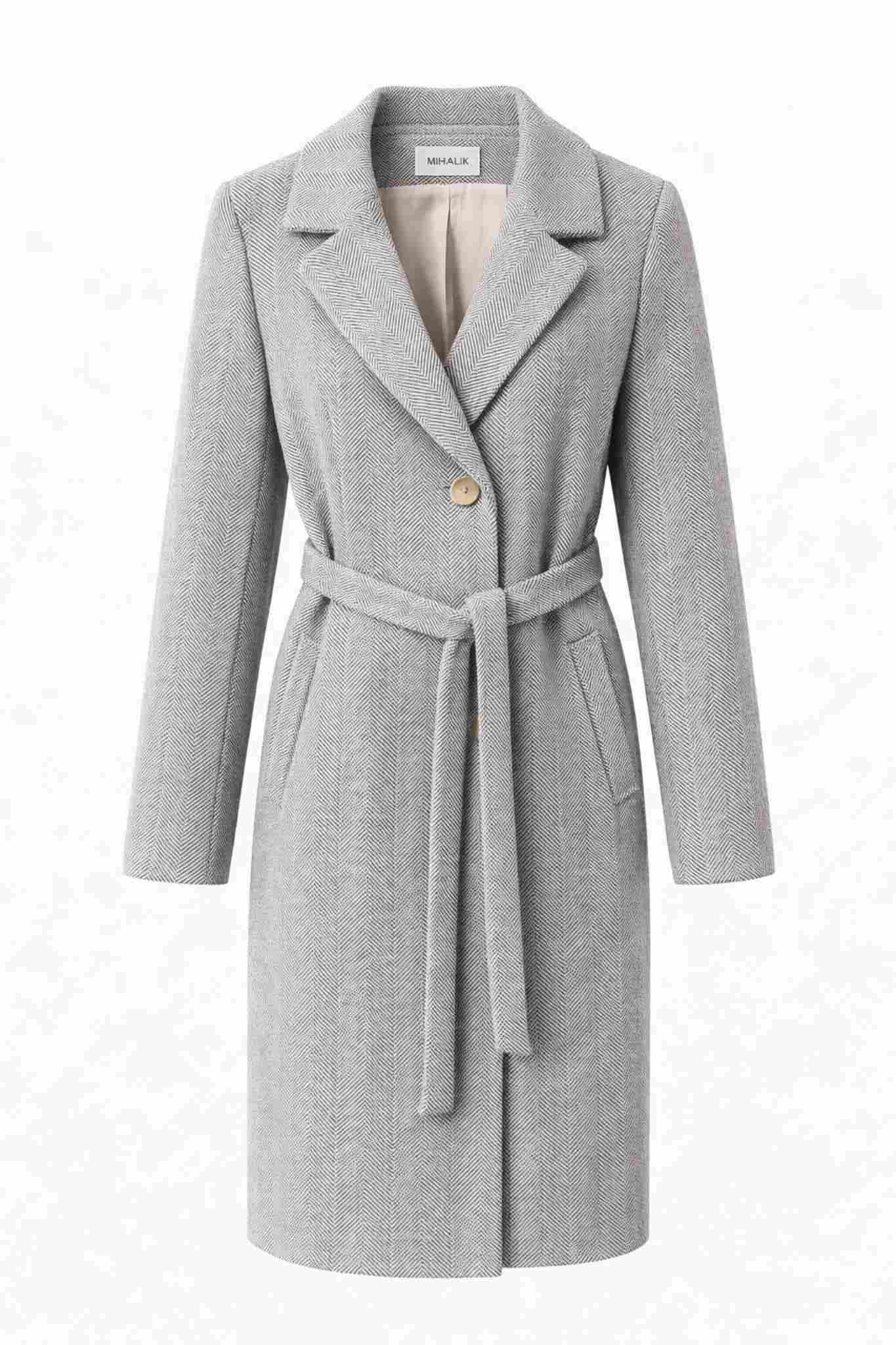 Dámsky sivý kabát MIHALIK rybia kosť – Odevy na Kupeckej