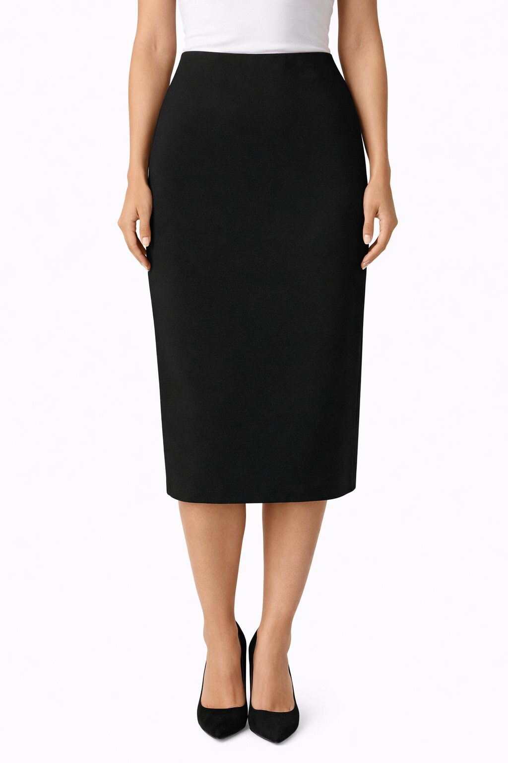 Dámska čierna puzdrová sukňa pod koleno na postave.