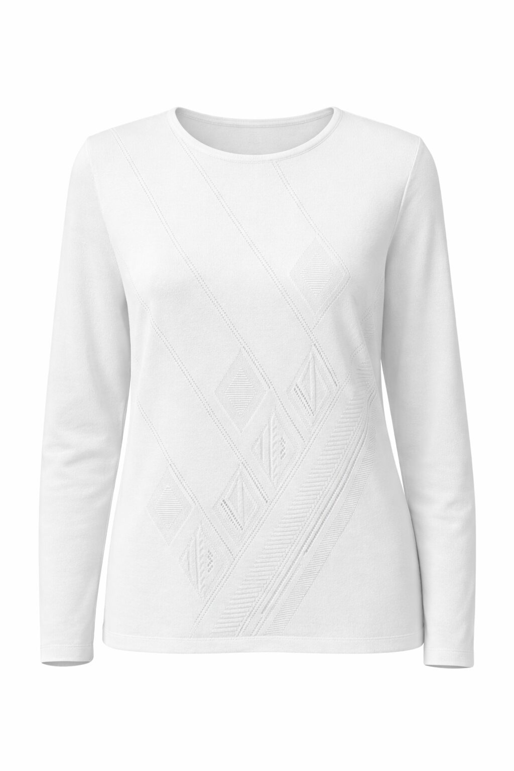 Dámsky biely pletený pulóver s geometrickými vzormi Ria Móda