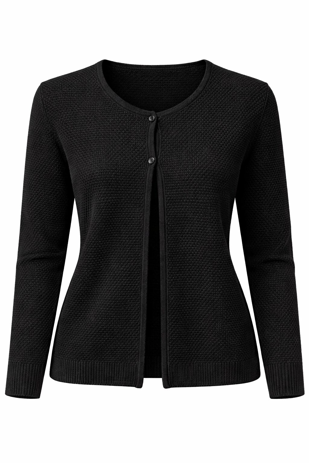 Dámsky čierny pletený kardigán s dlhým rukávom, jemnou textúrou a zapínaním na dva gombíky