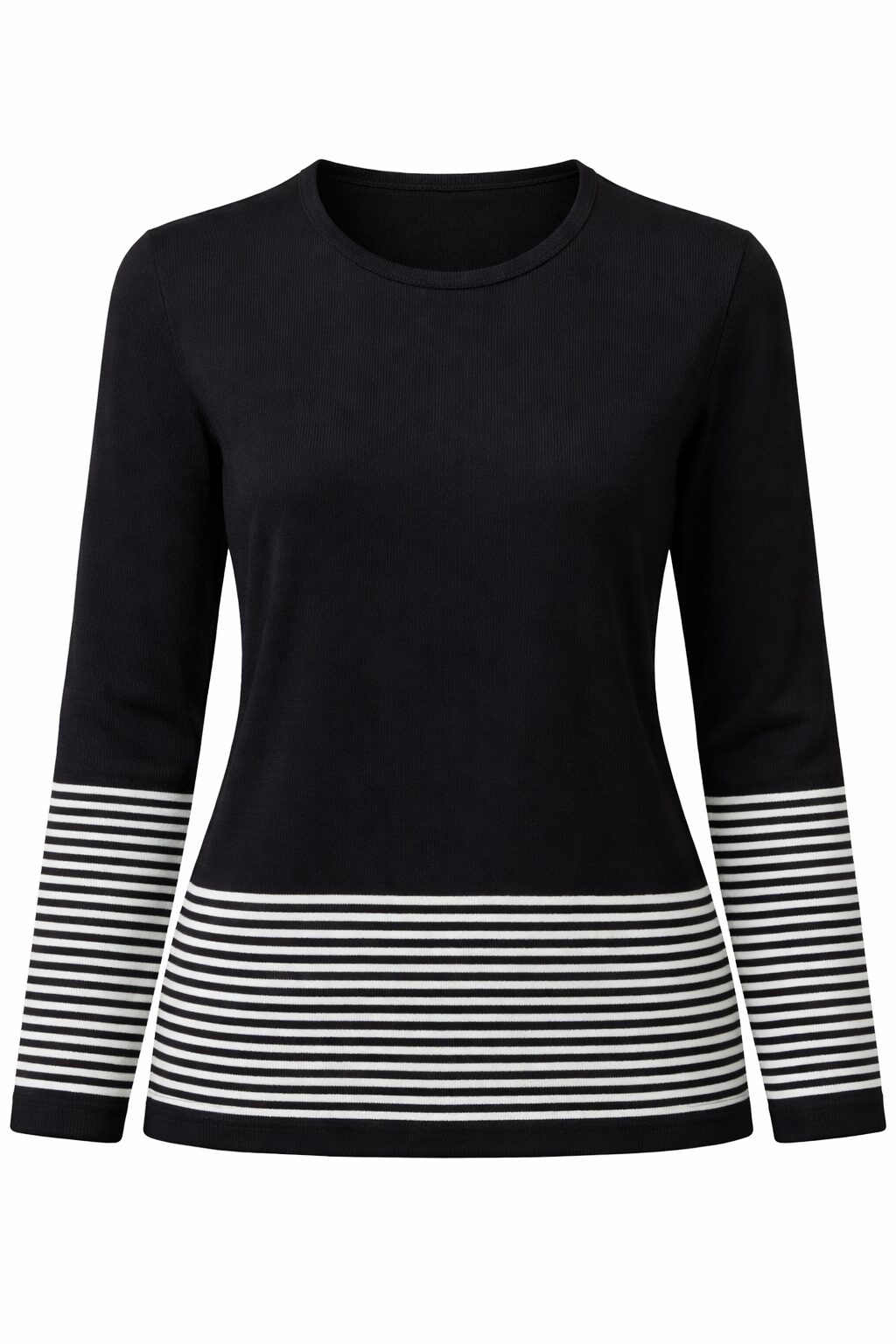 Dámsky čierny pletený pulóver s bielymi prúžkami na rukávoch a na spodnom leme