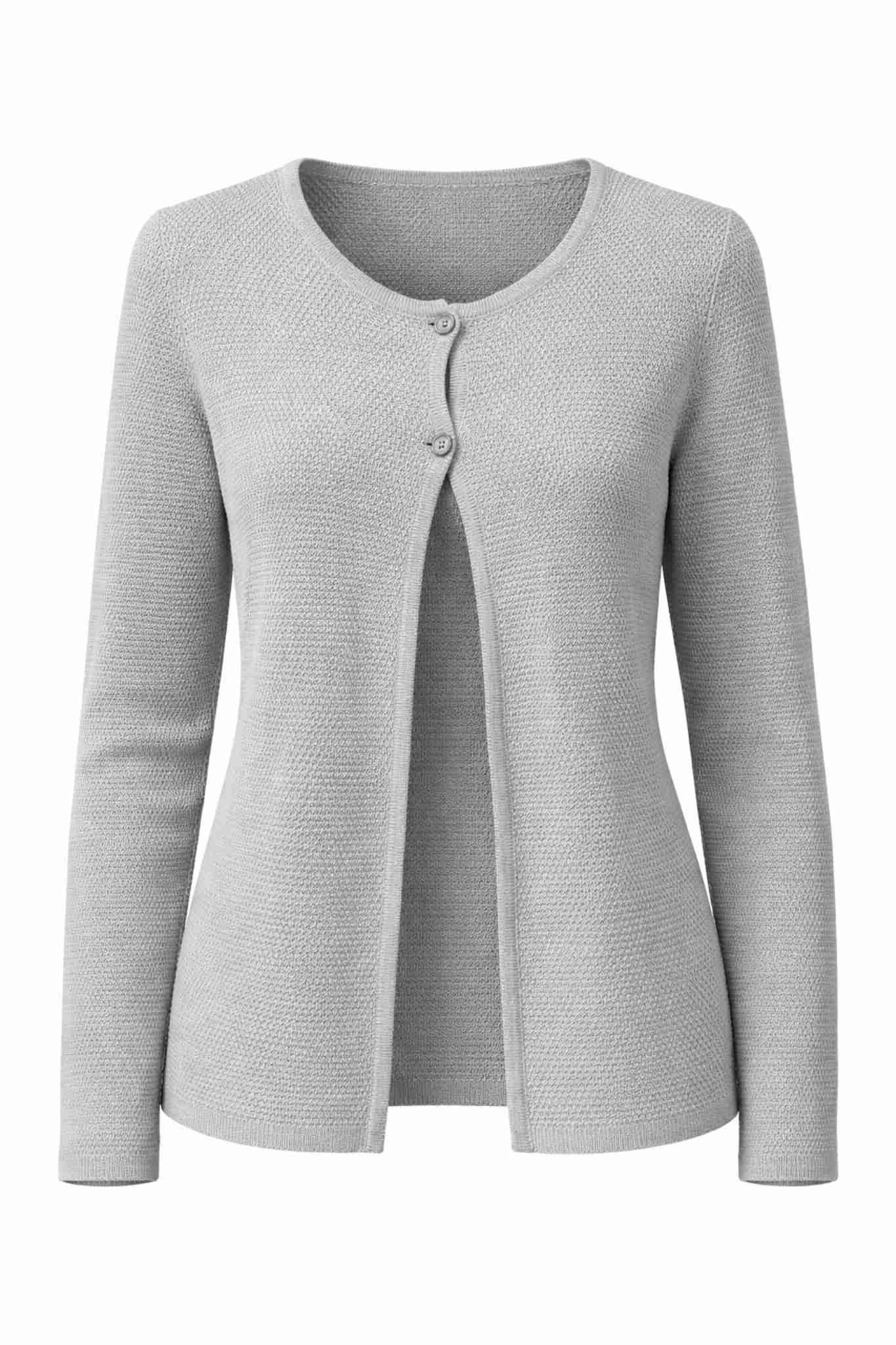 Dámsky sivý pletený kardigán s dlhým rukávom, jemnou textúrou a zapínaním na dva gombíky