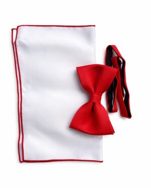 Červený pánsky motýlik s bielou vreckovkou – set