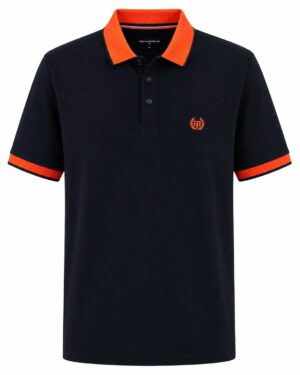 Tmavomodrá pánska bavlnená polokošeľa s krátkym rukávom – navy s oranžovými detailmi